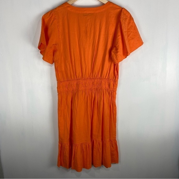 LOFT Smocked Ruffle Tie Front Waist Flowy Summer Mini Dress Orange Size Small - Picture 6 of 6